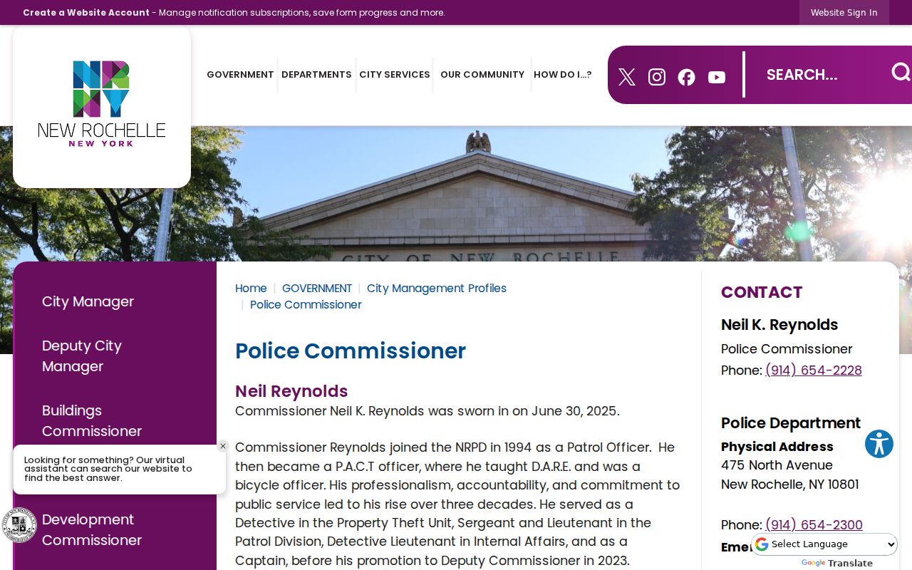 New Rochelle criminal records contact page for the Police Department