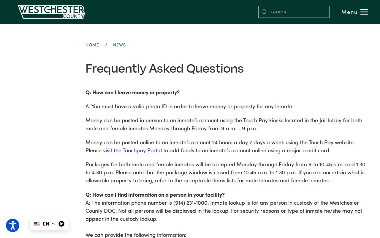 Westchester County arrest custody lookup instructions