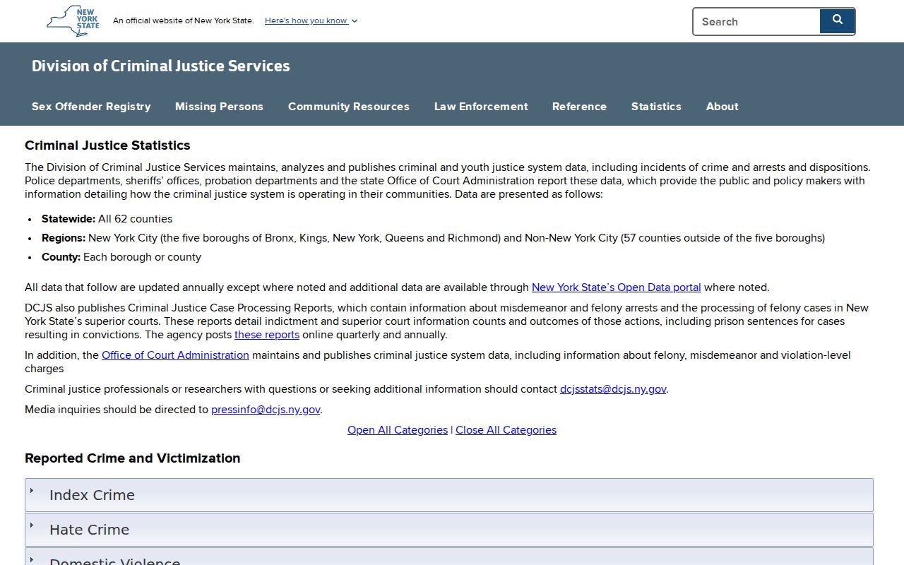 Westchester County criminal record statistics from DCJS