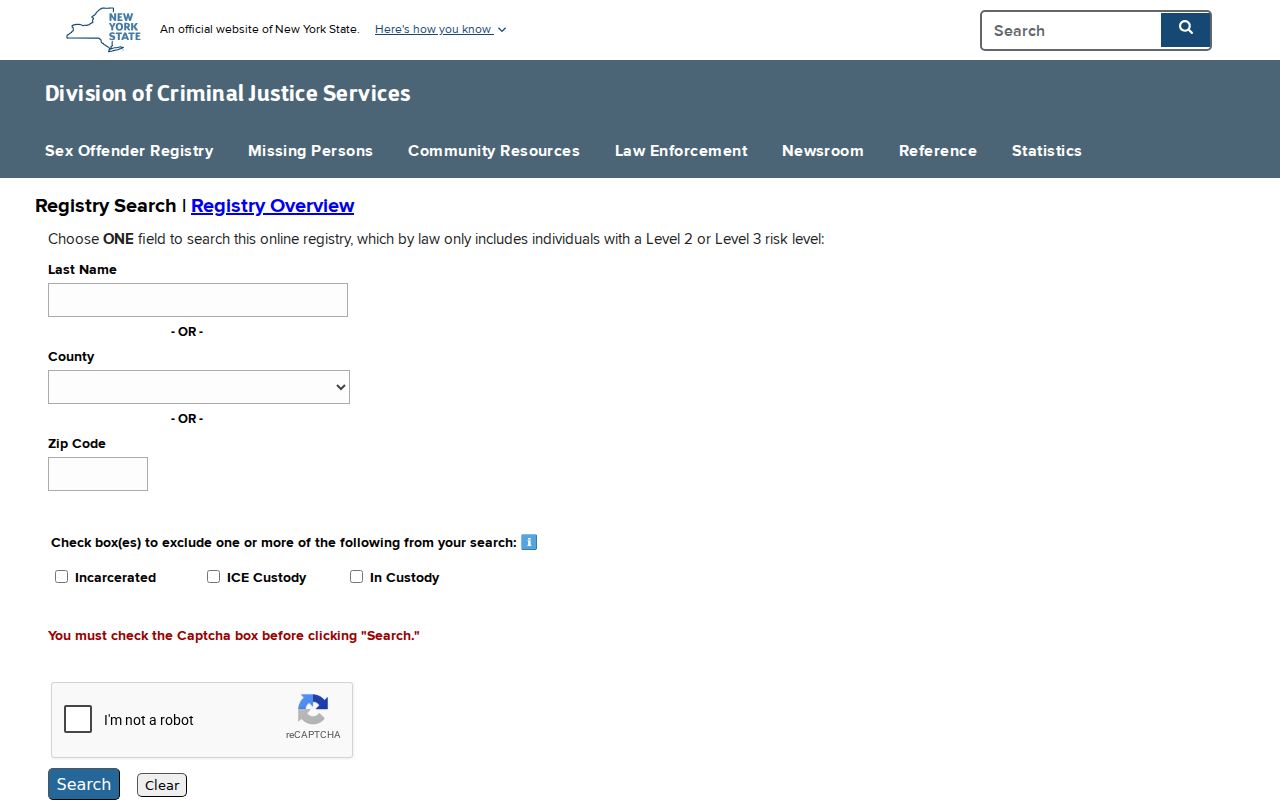 Westchester County sex offender registry search form