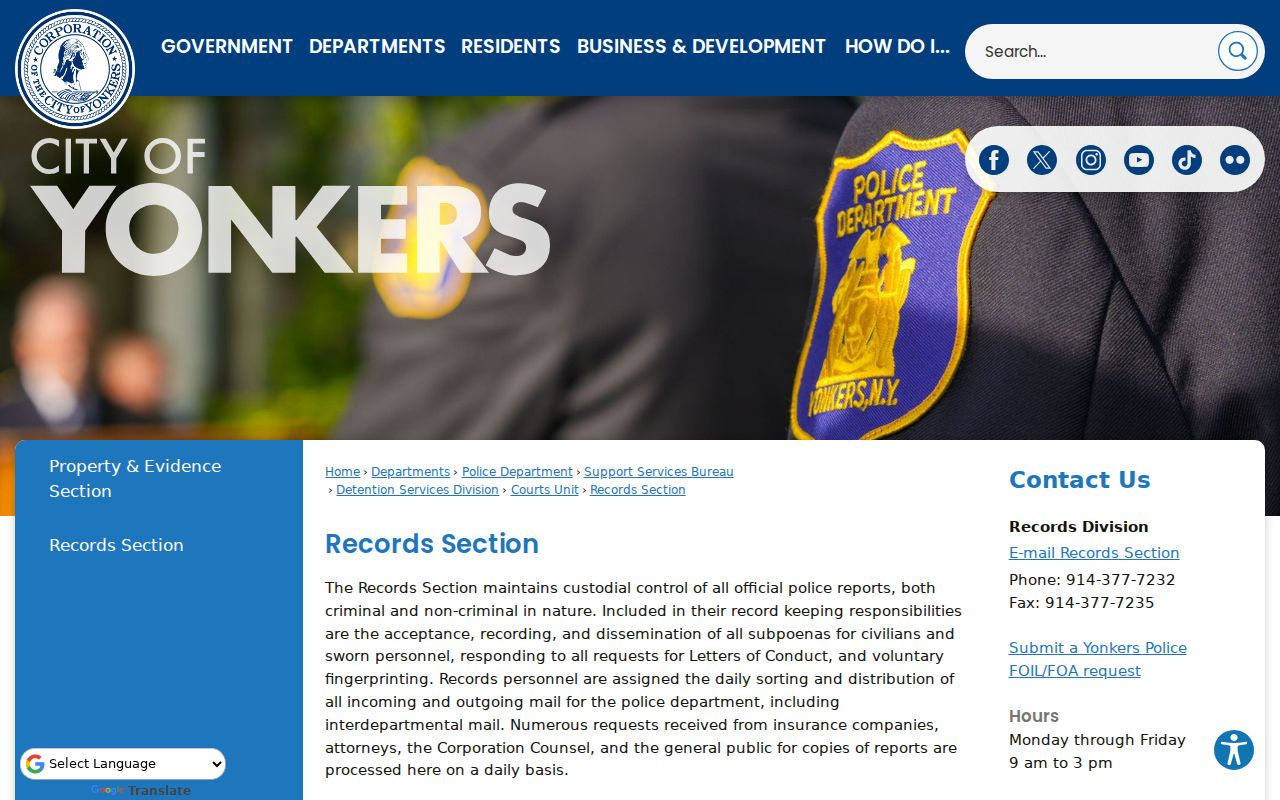 Yonkers criminal records rules from the Police Records Section